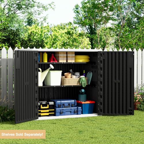 Image of KINYING Outdoor Horizontal Storage Sheds,37 Cu.ft Outdoor Storage Cabinet Waterproof Resin Tool Storage Box for Lawn Mower,Garden Tools and Patio Furniture, Lockable (Black)