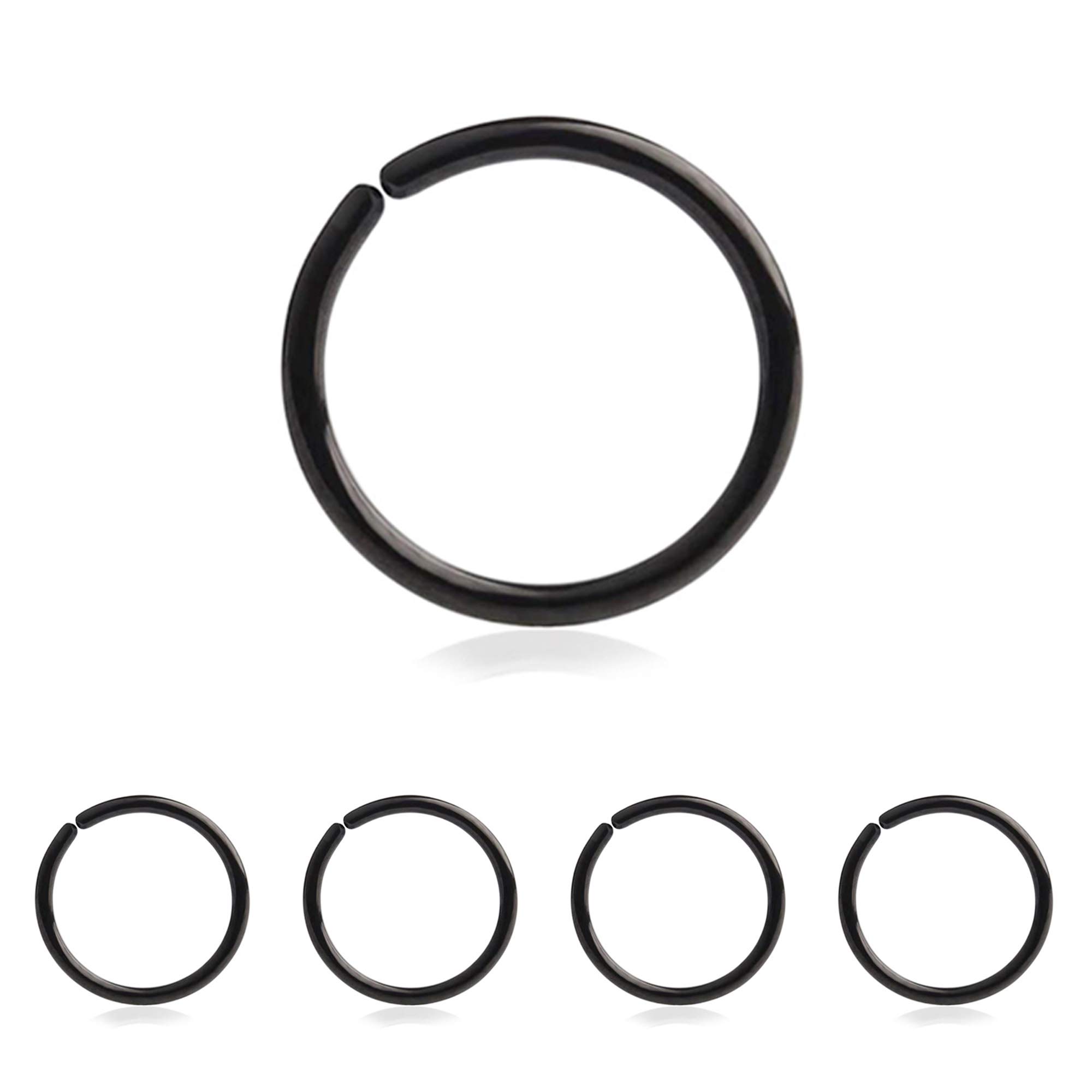 Drawer PropsPack 5 Piercings Aros Oreja y Nariz 0.8 X 8mm de Acero Quirúrgico Flexible - Color Negro - Pendientes Reales Hipoalergénicos