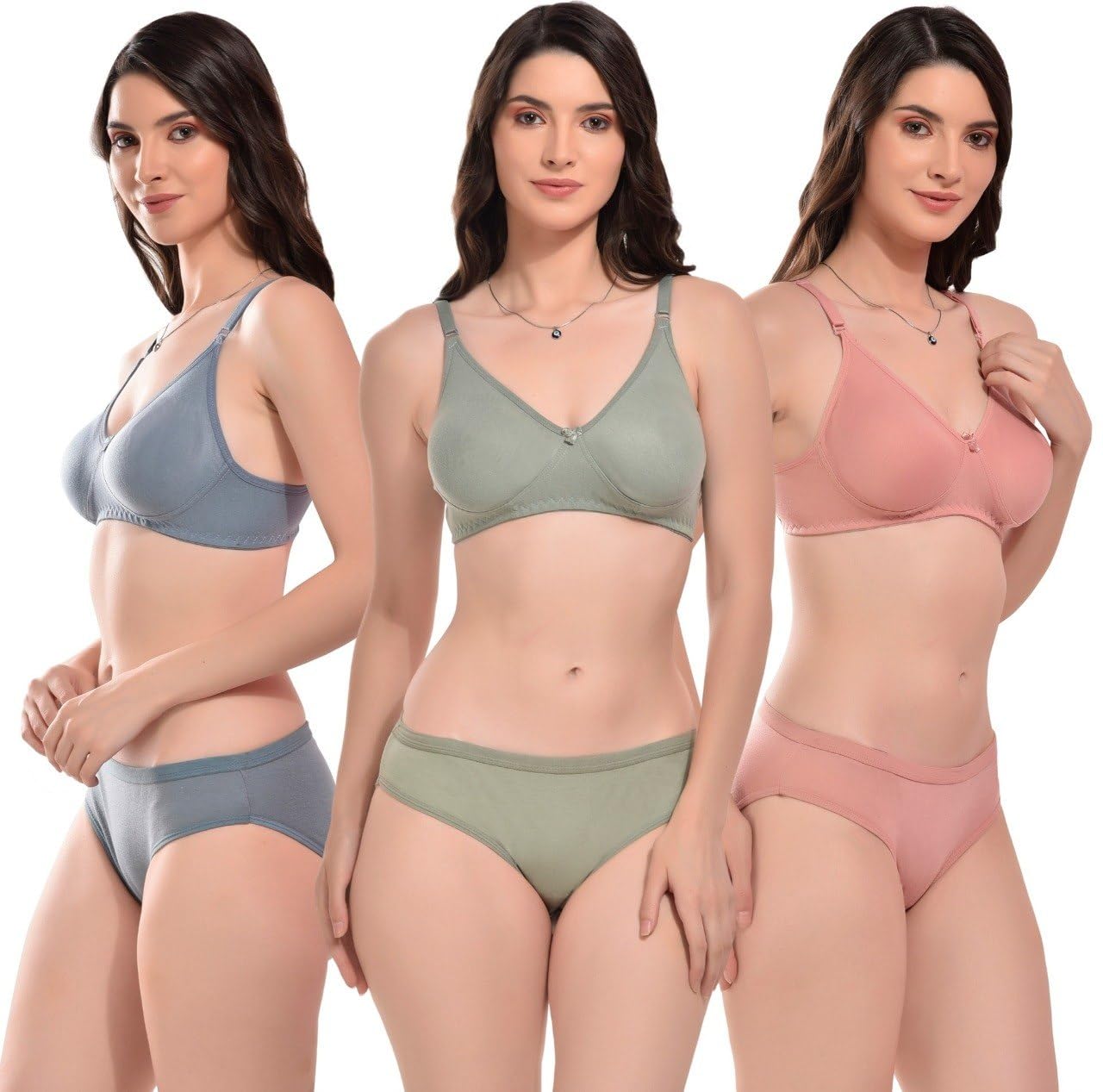 Women’s Non-Padded Cotton Bra Panty Set | Full Coverage Everyday Comfort Bra | Wire-Free Soft Stretch Lingerie Set | Breathable Fabric | Pack of 3 Colors-picture-35