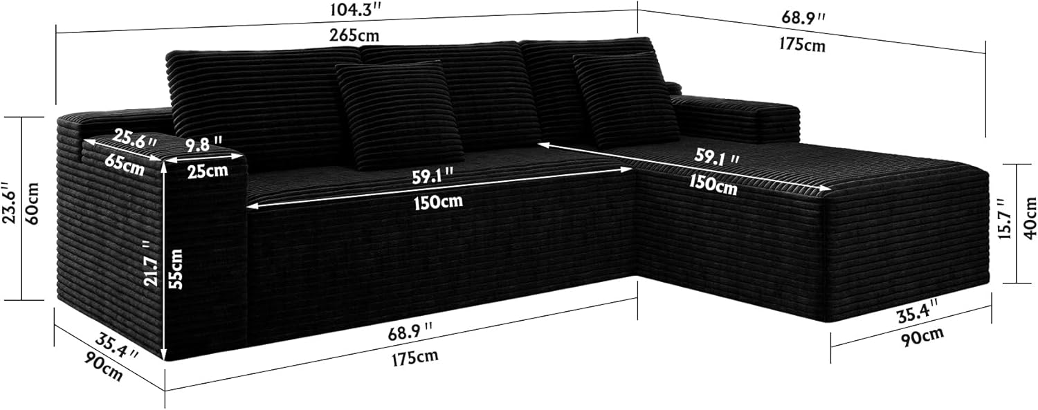 defway 104'' Boneless Cloud Sectional Couch - Modular Sectional Sofa for Small Spaces/Apartment, No Assembly Required, Anthropologie Furniture (Black, L Shape with Right Facing Chaise)