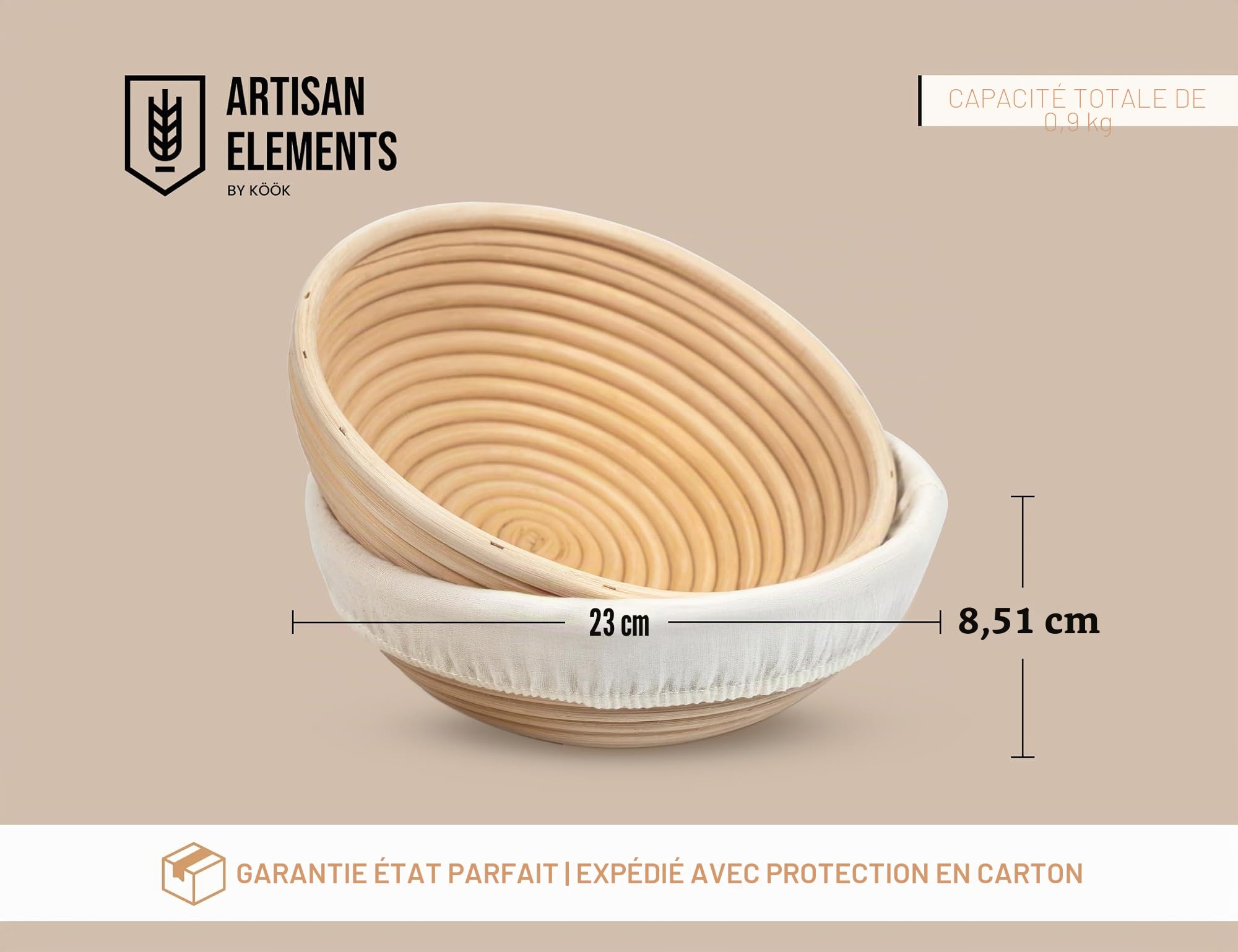 Banneton Lot de 2 paniers à pain ronds en rotin de 22,9 cm et doublures en tissu