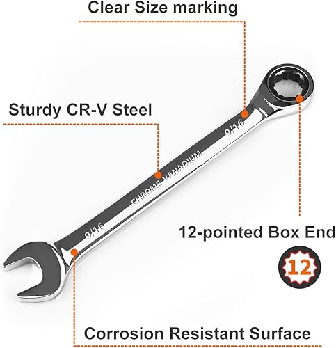 Miniatura 27 de Egofine Llave combinada de trinquete de 7/16 pulgadas SAE, llave de engranajes de grado industrial con diseño de 12 puntos, trinquete de 72 dientes