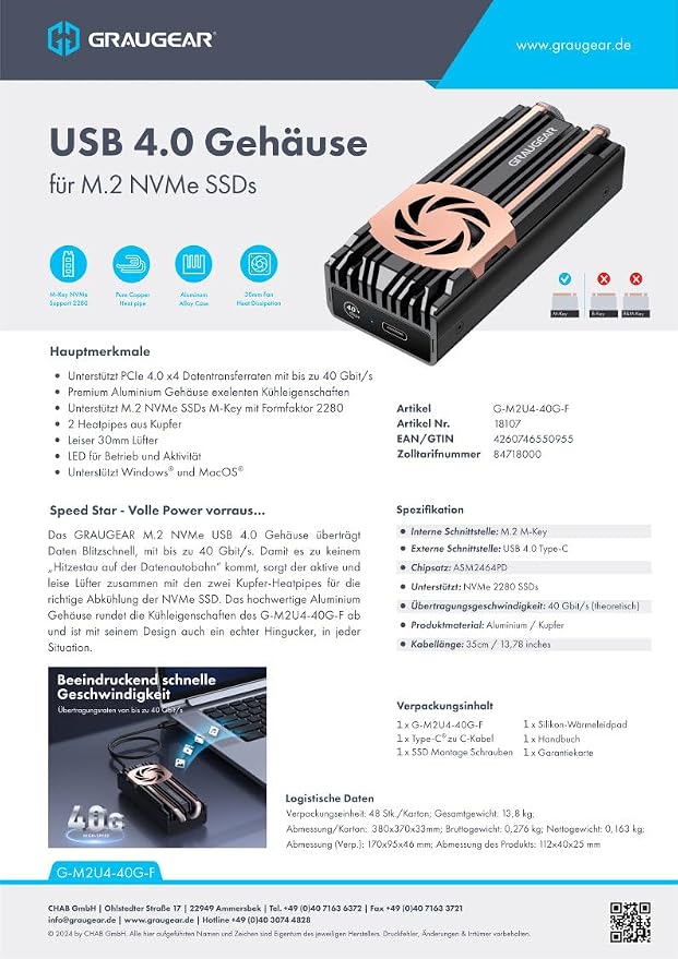 Caja externa USB4 para SSD M.2 con ventilador y disipador miniatura 10