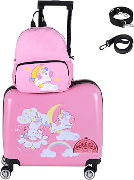 COSTWAY 2PCS Kids Luggage Set, Children Backpack and Ride-on Suitcase with Footrest, Anti-Lose Rope, Travel School Trolley Hardshell Case for Boys Girls Unicorn, 28cm Backpack + 33cm Suitcase