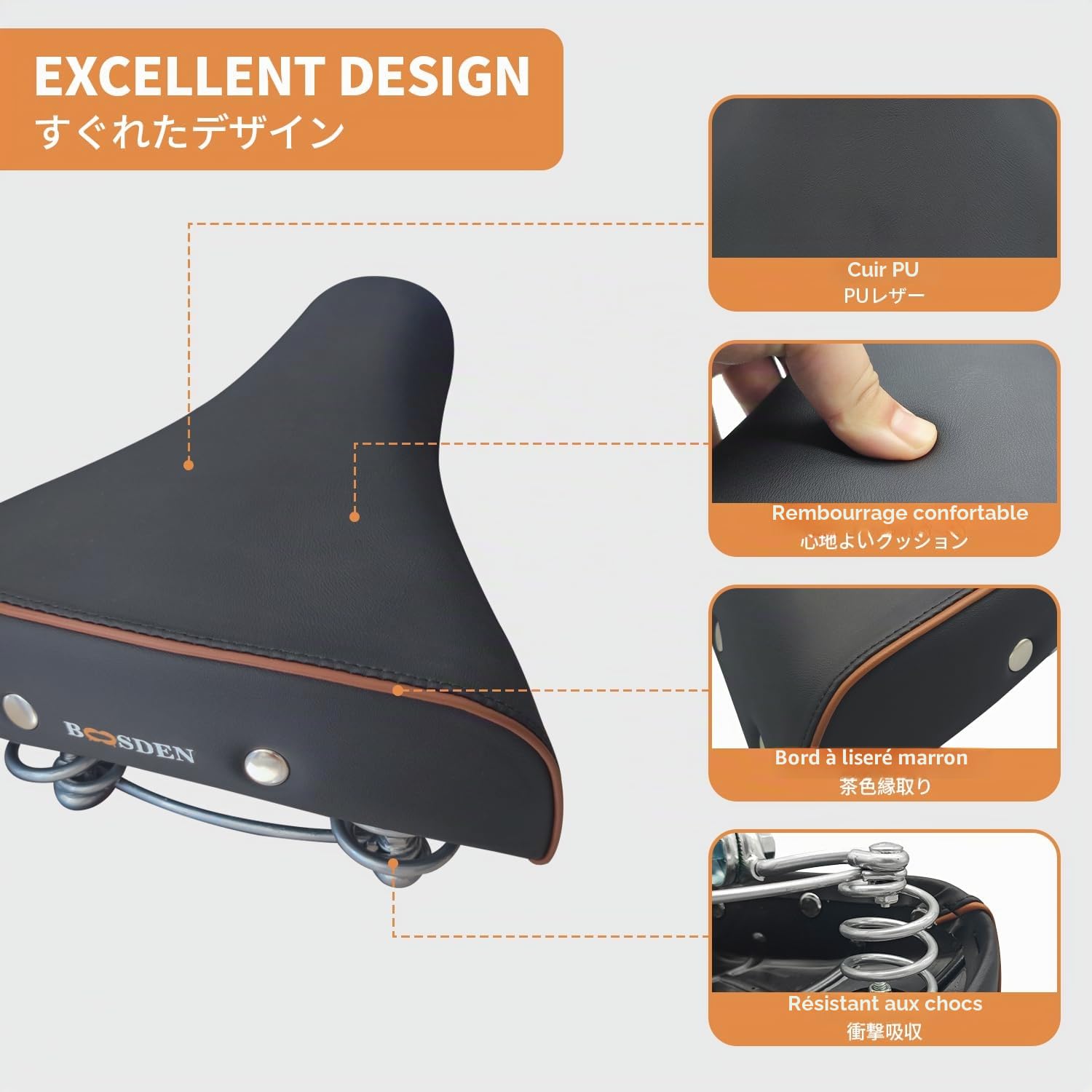 BOOSDEN Selle de vélo Confortable, Selle de vélo Souple pour Homme et Femme, siège de vélo à Ressort en Cuir PU, siège de vélo en Gel, idéal pour VTT,vélo d'appartement, Noir, Marron, Gris foncé