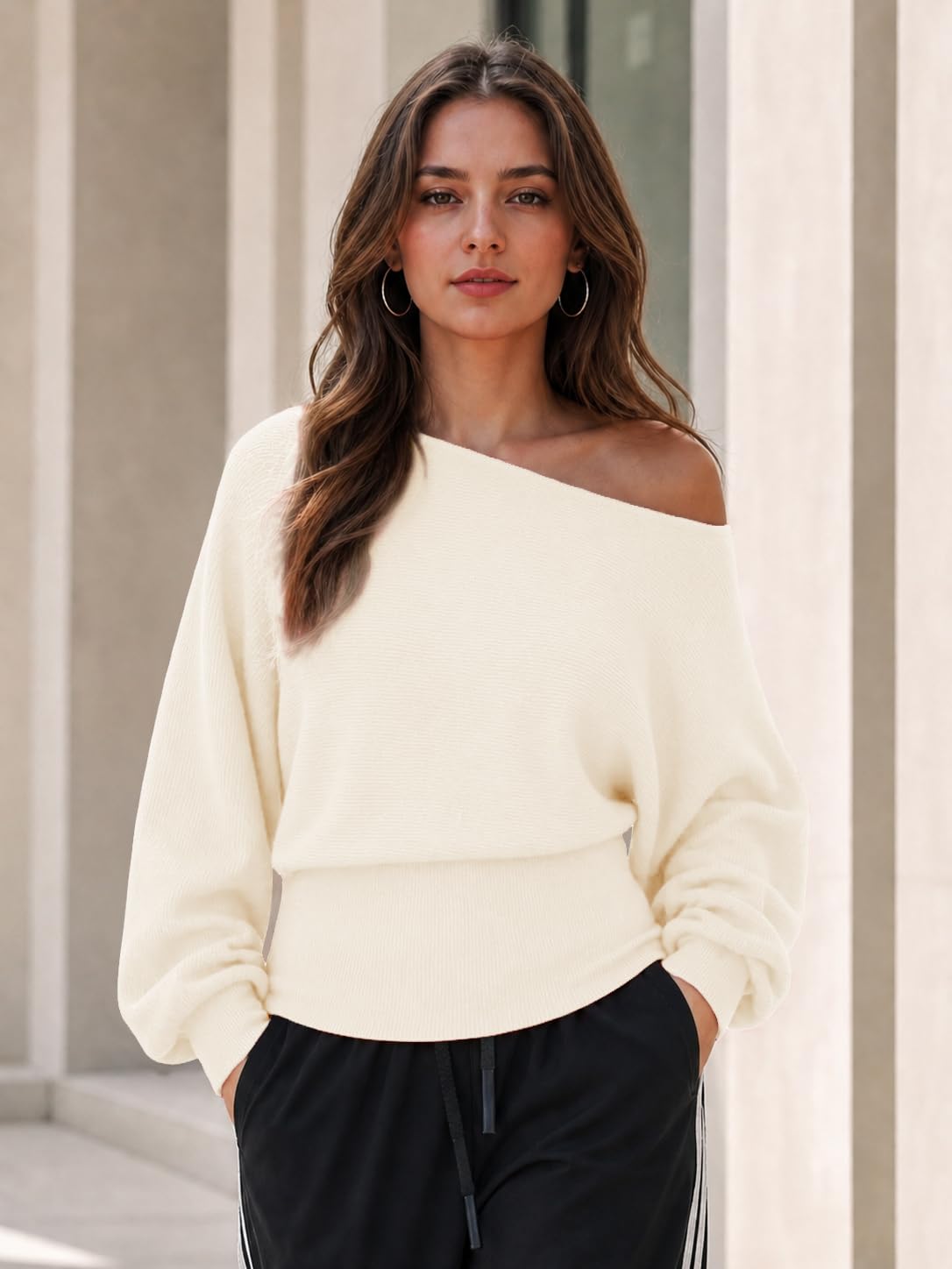 Saodimallsu Damen Pullover Sexy Schulterfrei Langarm Strickpullover