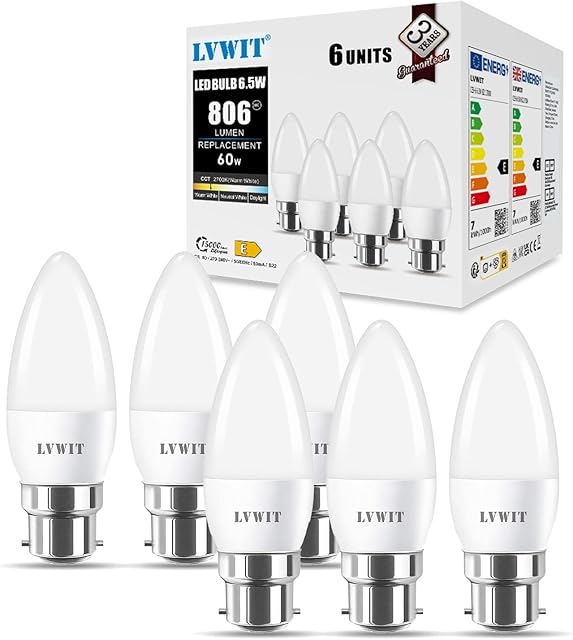LVWIT B22 LED Candle Large Bayonet Bulbs,6.5W B22 Bayonet Candle Bulbs 60W Equivalent,2700K Warm White Bayonet Candle Cap, 806Lm, 240 Degree Beam Angle,220-240V,Non-Dimmable (Pack of 6)