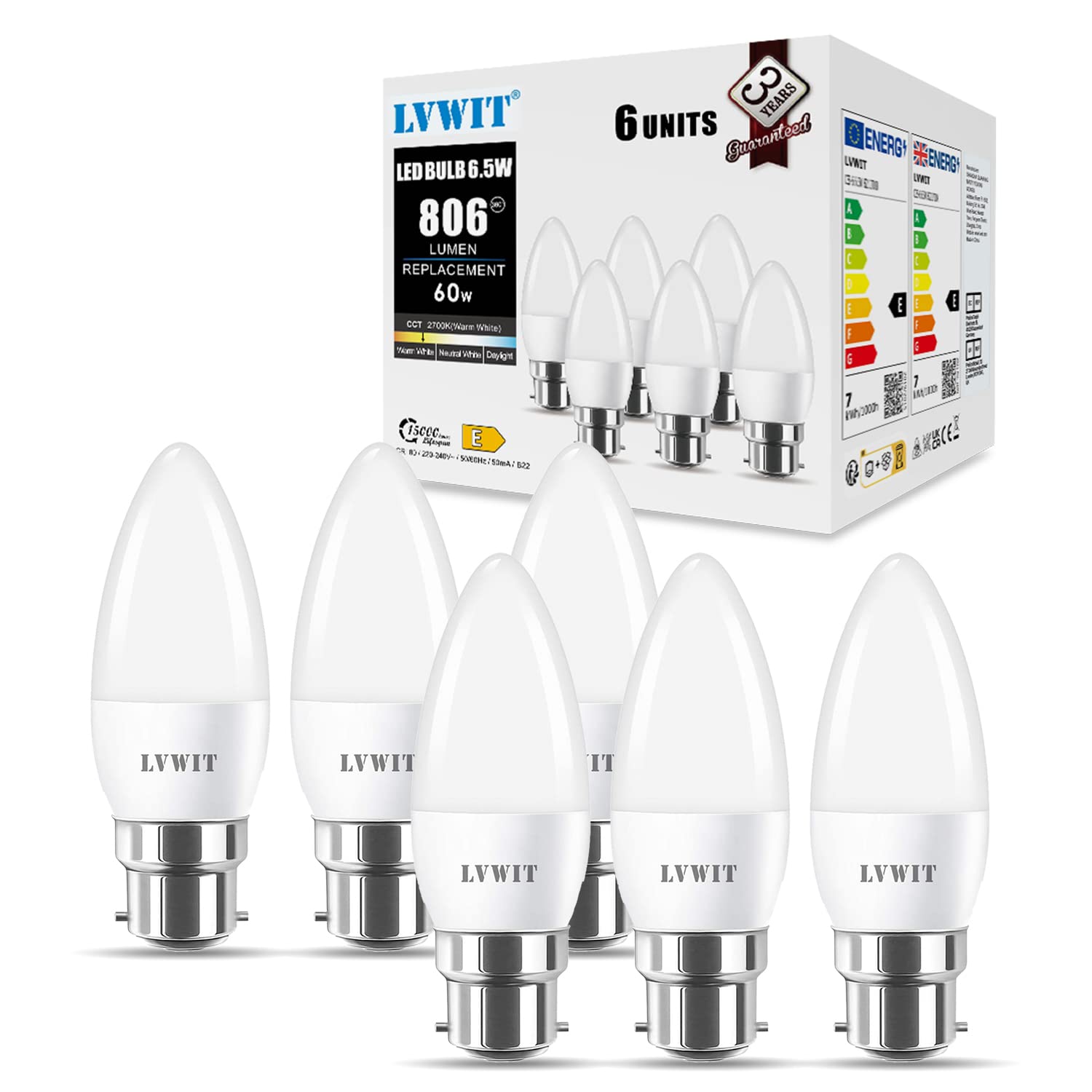 Lvwit Warm White B22 Led Candle Bulbs,6.5W B22 Bayonet Candle Bulbs 60W Equivalent,2700K Led Candle Light Bulb, 806Lm, 240 Degree Beam Angle,220-240V,Non-Dimmable (Pack Of 6)