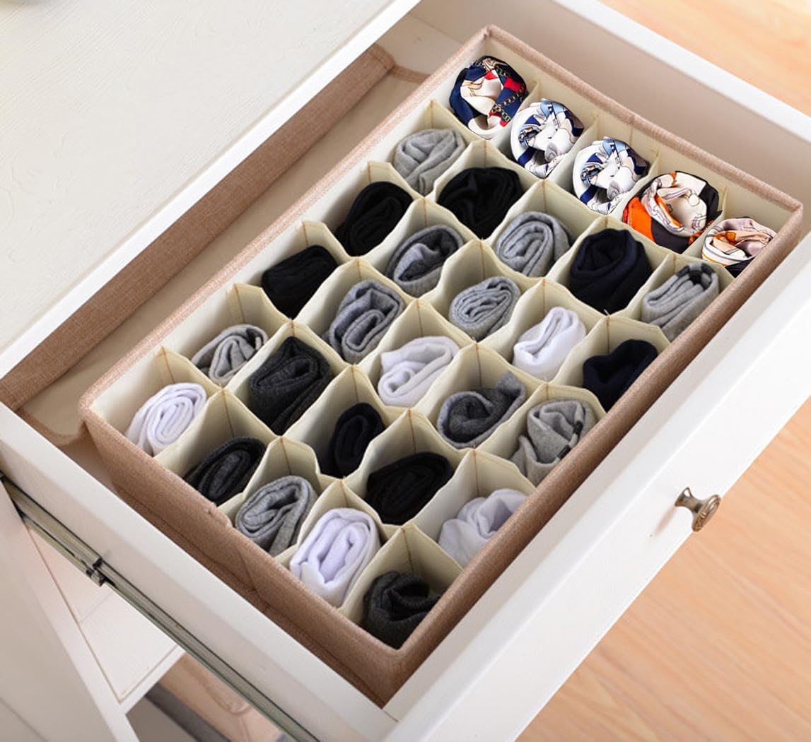 AARAINBOW Stoff Schublade Organizer mit Deckel 2er Set, Faltbar Unterwäsche Organizer Stoffboxen Aufbewahrung für Socken, 30 Fächer Organizer für Krawatten Schubladen Organizer Socken Boxen(2 Beige) Küche, Haushalt & Wohnen