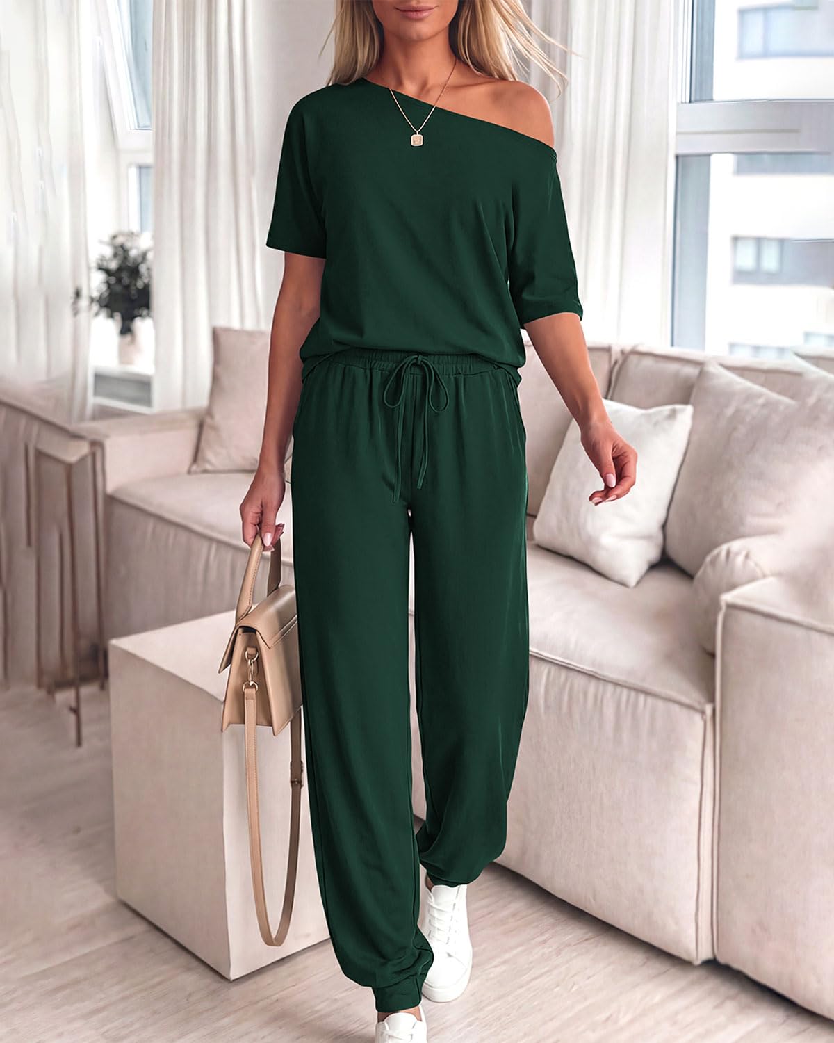 Zenlonr Abiti estivi da donna 2 pezzi 2025 top a maniche corte con spalle scoperte pantaloni lunghi con coulisse in vita elastica tuta