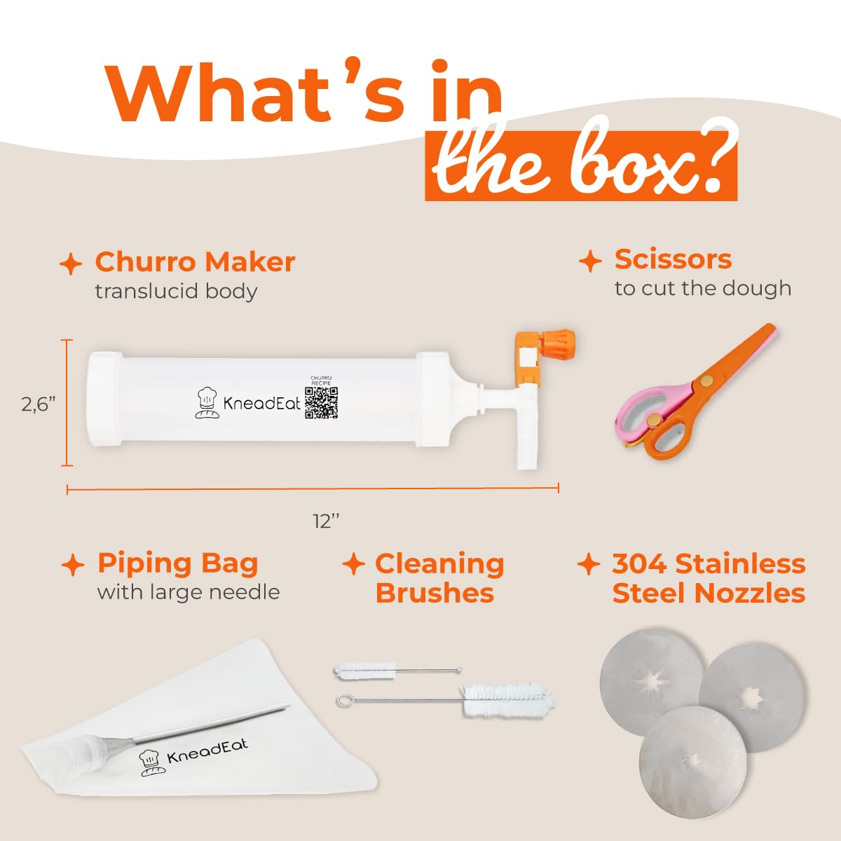 KneadEat Churro Maker - Kit de Churreera con mango impulsado por refuerzo - Bolsa de tuberías con aguja de relleno y receta QR para churros rellenos en casa y proyectos de horneado con niños - 3