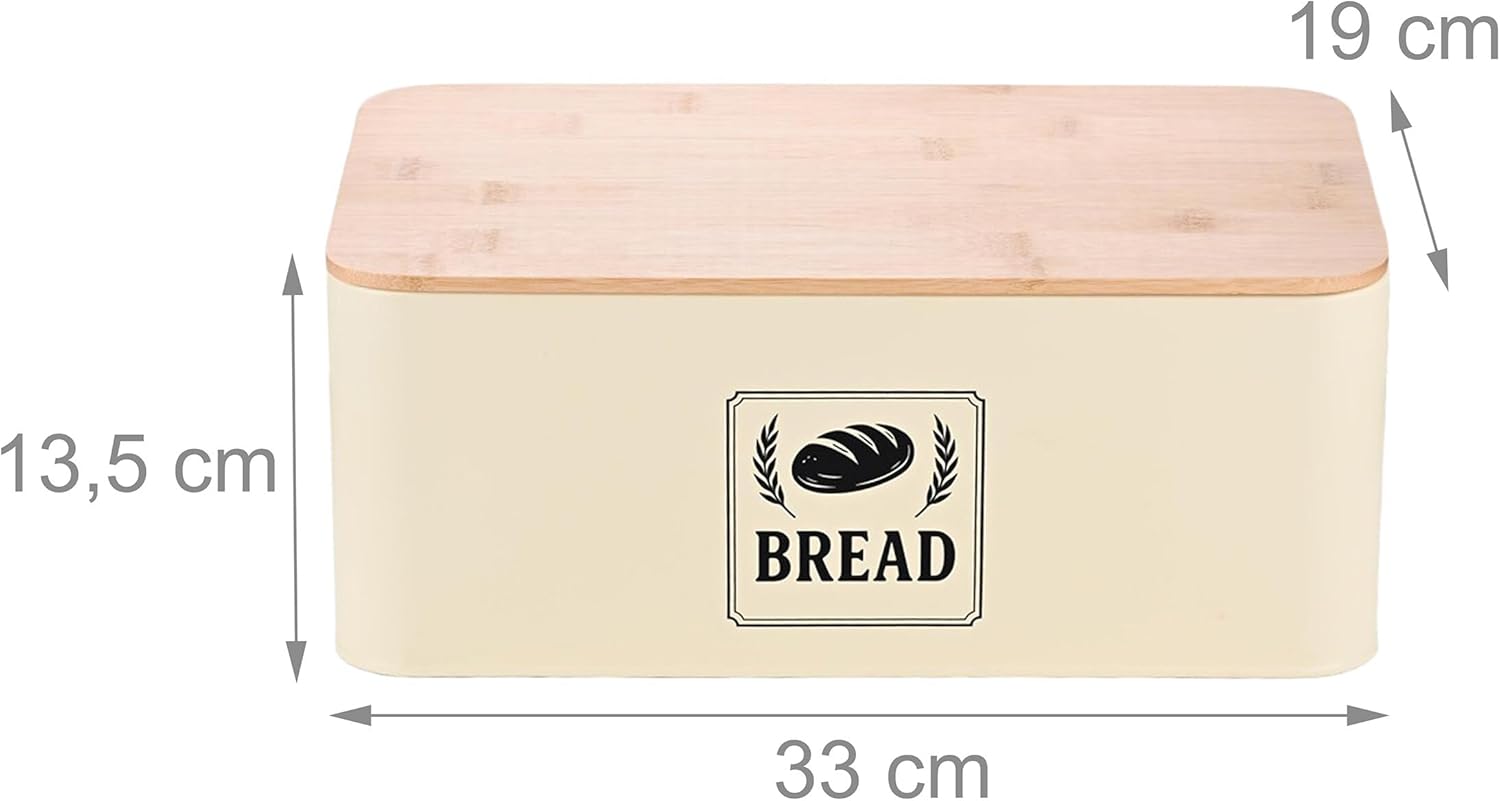 Diagram showing the dimensions of the Relaxdays Bread Box: 13.5 cm height, 33 cm width, 19 cm depth.