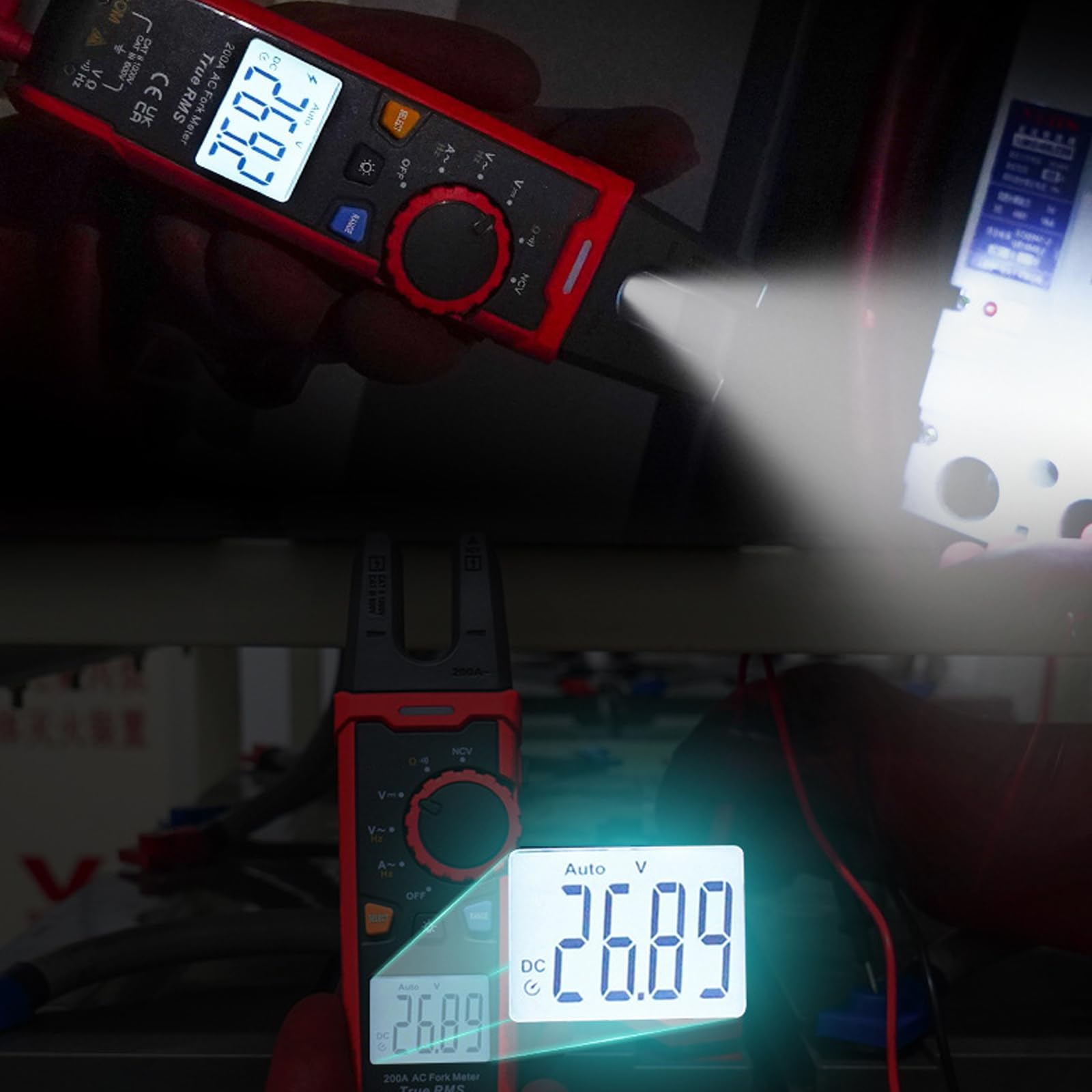 Multímetro digital con abrazadera con función de linterna retroiluminada de retención de datos, voltajes de corriente, herramienta de medición eléctrica