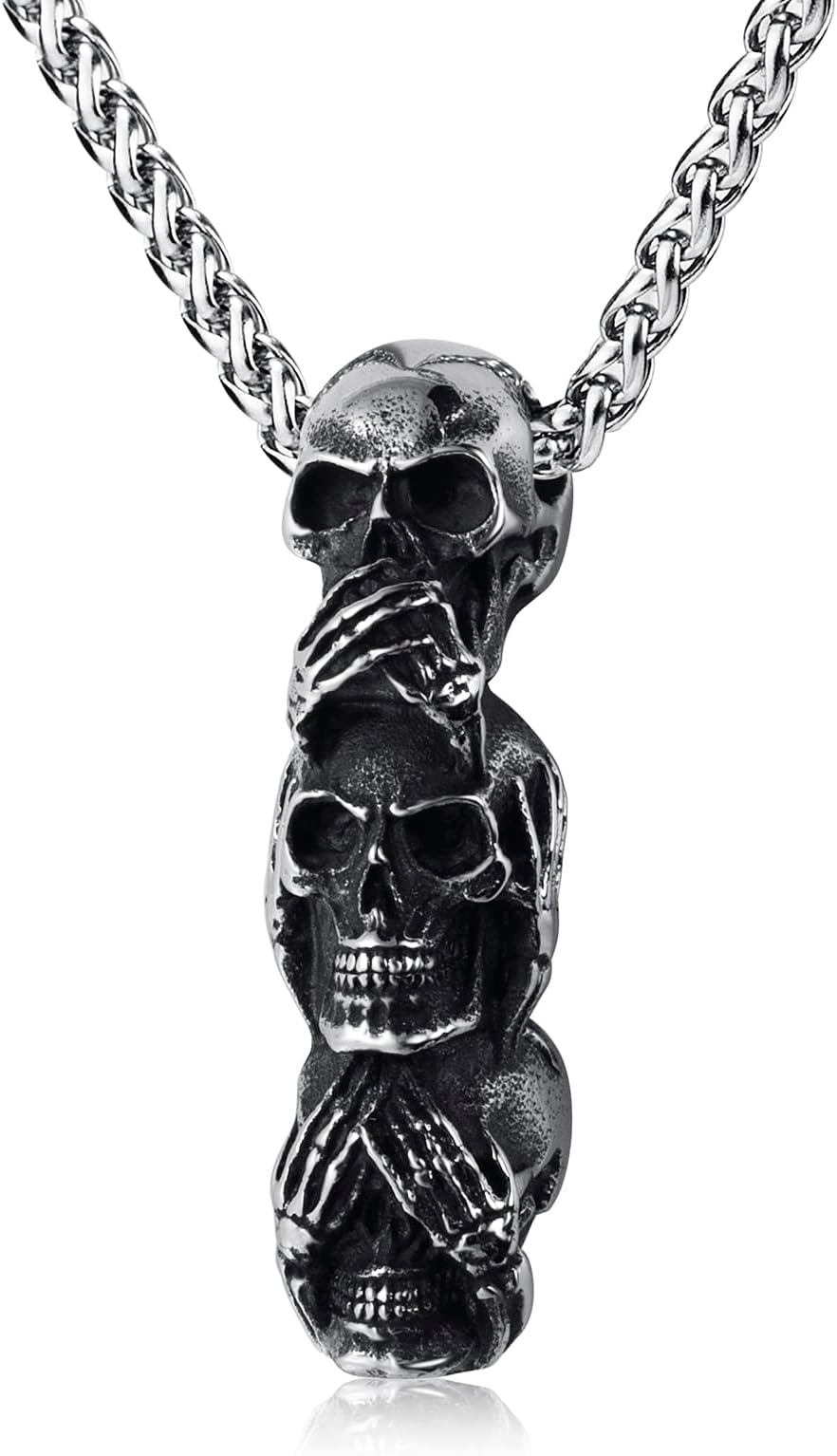 KIRTIJW Mens Gothic Trio Skull Necklaces Jewelry