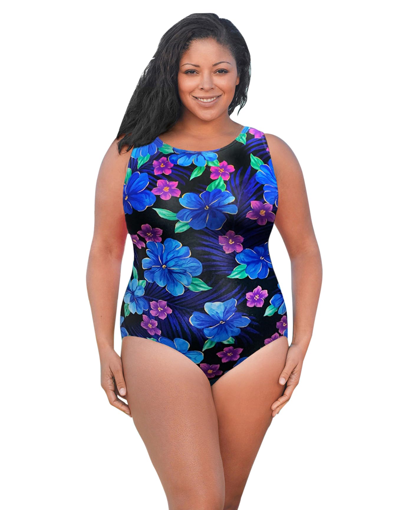 AQUAMORE Chlorine Resistant Print High Neck Plus Size Swimsuit - 217 AQM Wild Blossom - 20W