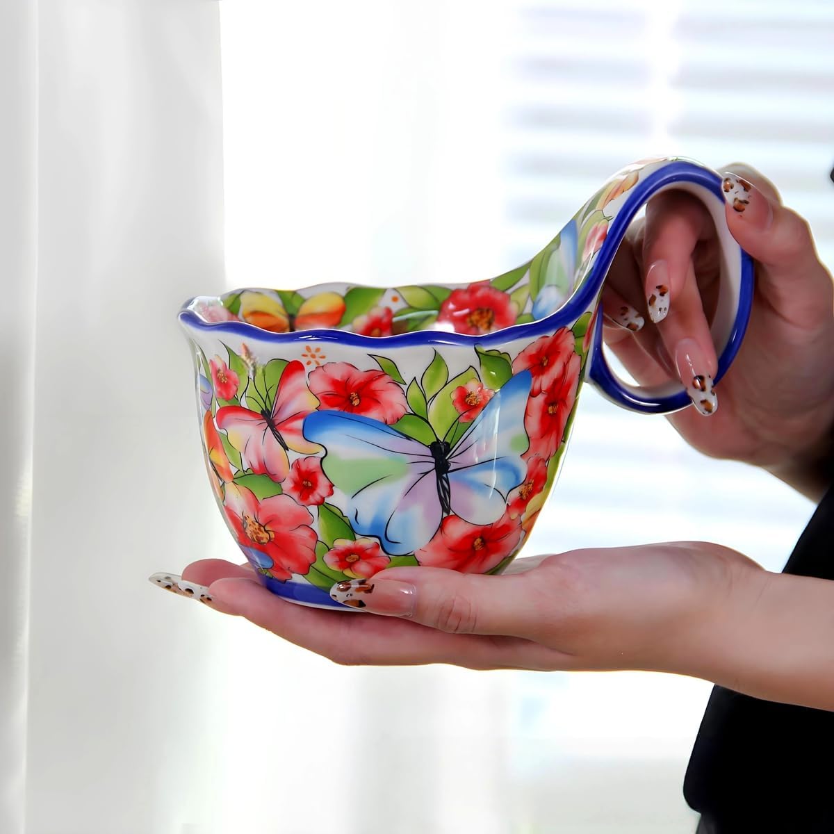 Microwavable Soup Bowl with Handle, Hand Painted Butterflies whisper Decorative Soup Bowls with Handles, Ceramic Soup Bowl with Spoon for Holding Fruits Cereal Snack, Chili, Ice Cream, Stew and Salsa.