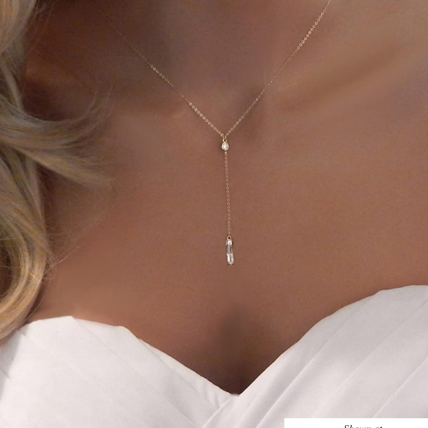 Tewiky Lariat Necklace for Women, Dainty Gold Long Necklaces 14k Gold Plated Heart Pearl CZ Teardrop Pendant Necklace Simple Drop Necklace Trendy Y Necklace Fashion Jewelry for Women - Image 2