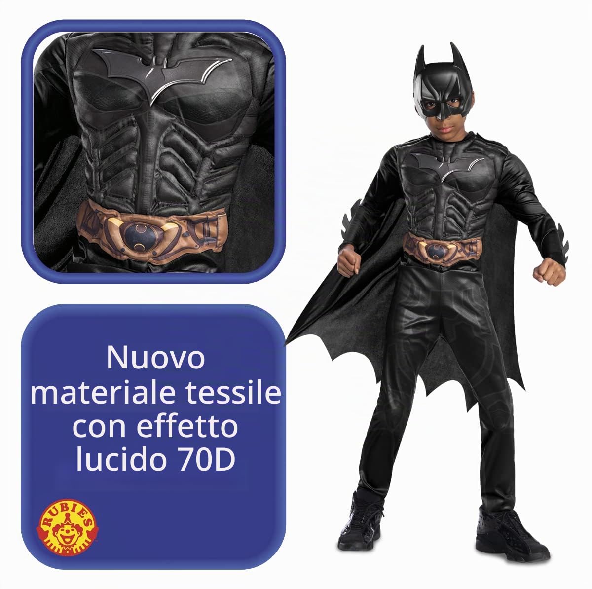 Rubie's, Costume Batman Black Line Bambino, Ideale per Halloween, Carnevale e Feste in Maschera, Comprende Tuta con Petto Muscoloso, Mantello e Maschera