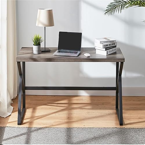 Miniatura 138 de HSH Escritorio gris para computadora, escritorio industrial de madera y metal para oficina en casa, escritorio rústico para computadora portátil