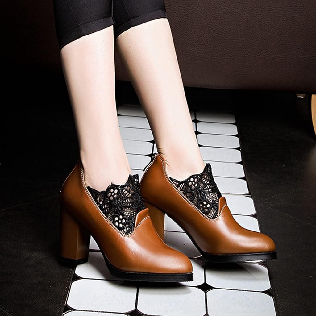 MIOKE Women's Suede Round Toe Bow Pump Oxfords Slip On Chunky High Block Heel Vintage Office Dress Shoes