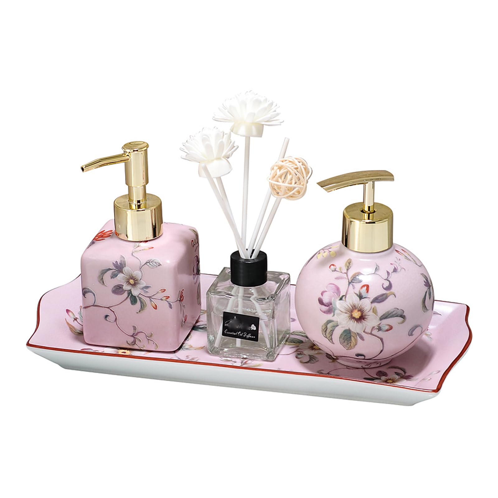 Lot de 4 distributeurs de Savon et Lotion en Flacon céramique avec Plateau et étiquette d'aromathérapie pour Salle de Bain, Cuisine et Toilettes (Rose)