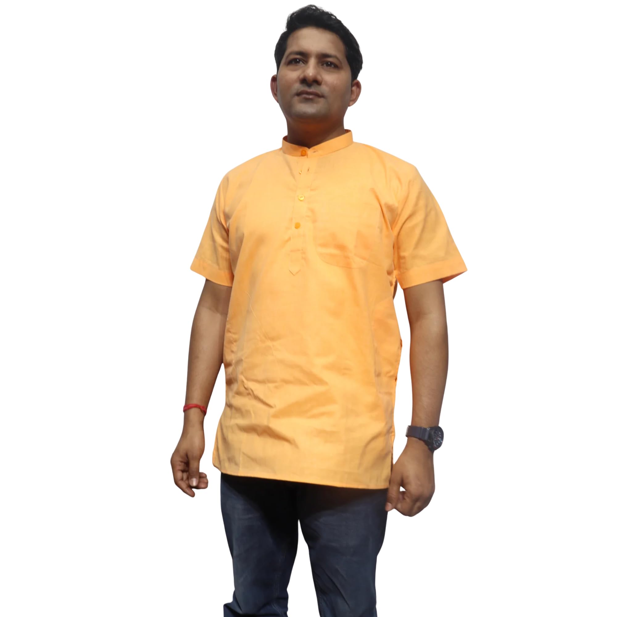 Men’s Dark & Light Orange Cotton Khadi Handloom Short Kurta | Mandarin Collar Casual Ethnic Kurta | Half Sleeve Summer Kurta for Men (Size : L, Llight Orange Colour)-image-33