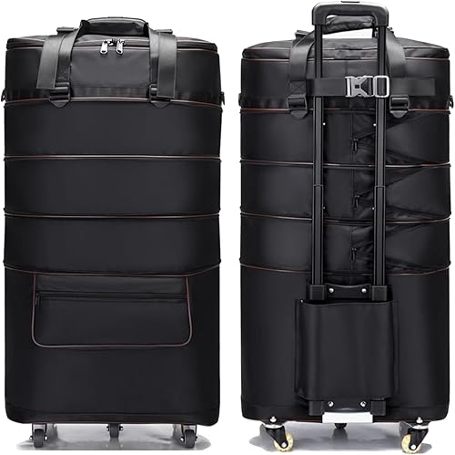 ELDA Maleta plegable expandible para hombres y mujeres, maletas de viaje con ruedas giratorias, equipaje de gran capacidad con carrito, Negro -