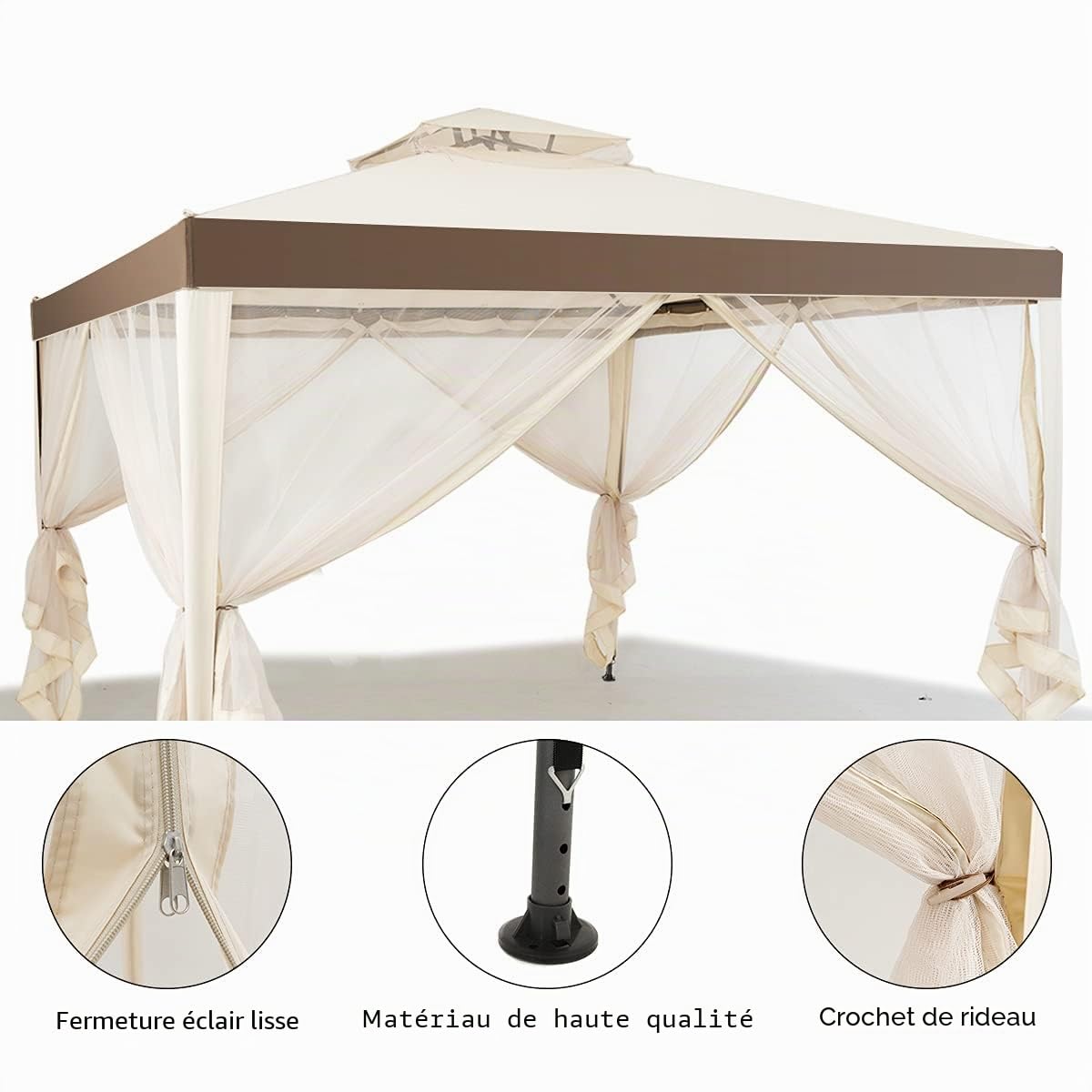 GIANTEX 3 x 3 m Tonnelle de Jardin Imperméable,Barnum Pliant avec Structure en Acier & 4 Rideaux Latéraux, Ventilation & Anti-moustiques, Tente de Reception pour Terrasses, Pelouses, Balcons (Beige)