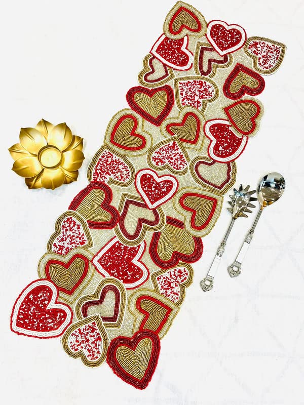 Image of MFU- Made for You Beautiful Beaded Table Runner Craftsmanship |Pack of 1 Measure 13 * 36 Inches| Thanksgiving - Occasional Decoration / Red Hearts
