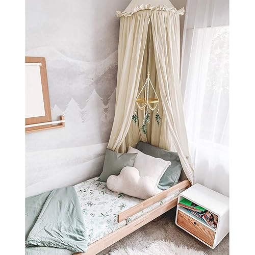 YIUOR Kids Bed Canopy with Frills Cotton Cover Net for Crib Reading Nook Curtain Hideaway Hanging Round Tent Nursery Bedding Play Room Decor