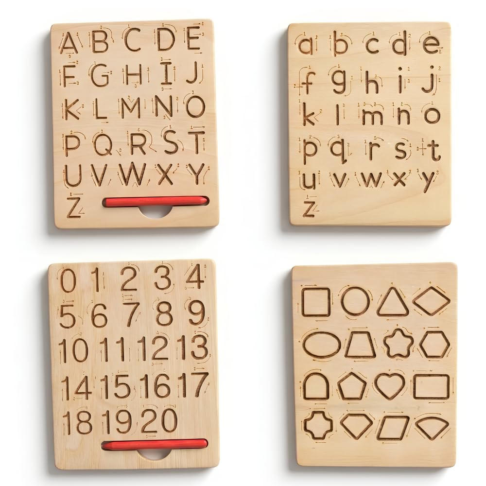 Tiny Genie Wooden Tracing Board Set for Kids | Set of 2 Double-Sided Boards | Capital & Small Alphabets, Numbers & Shapes | Montessori Educational Toy for 3+ Years | Pencil Grip Learning Tool-image-19