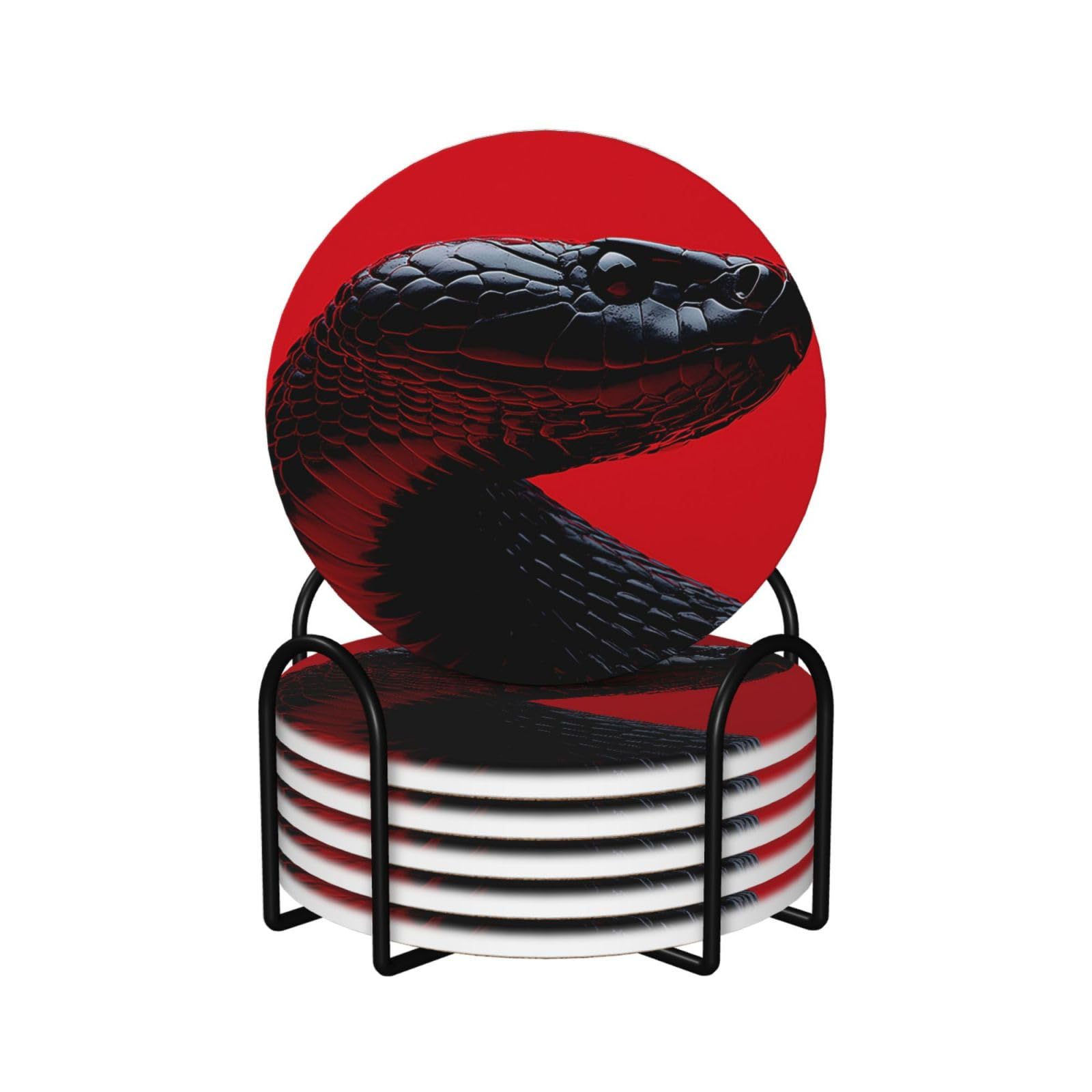 Big Black Snake On Red Ceramic Coasters with Holder 6ps