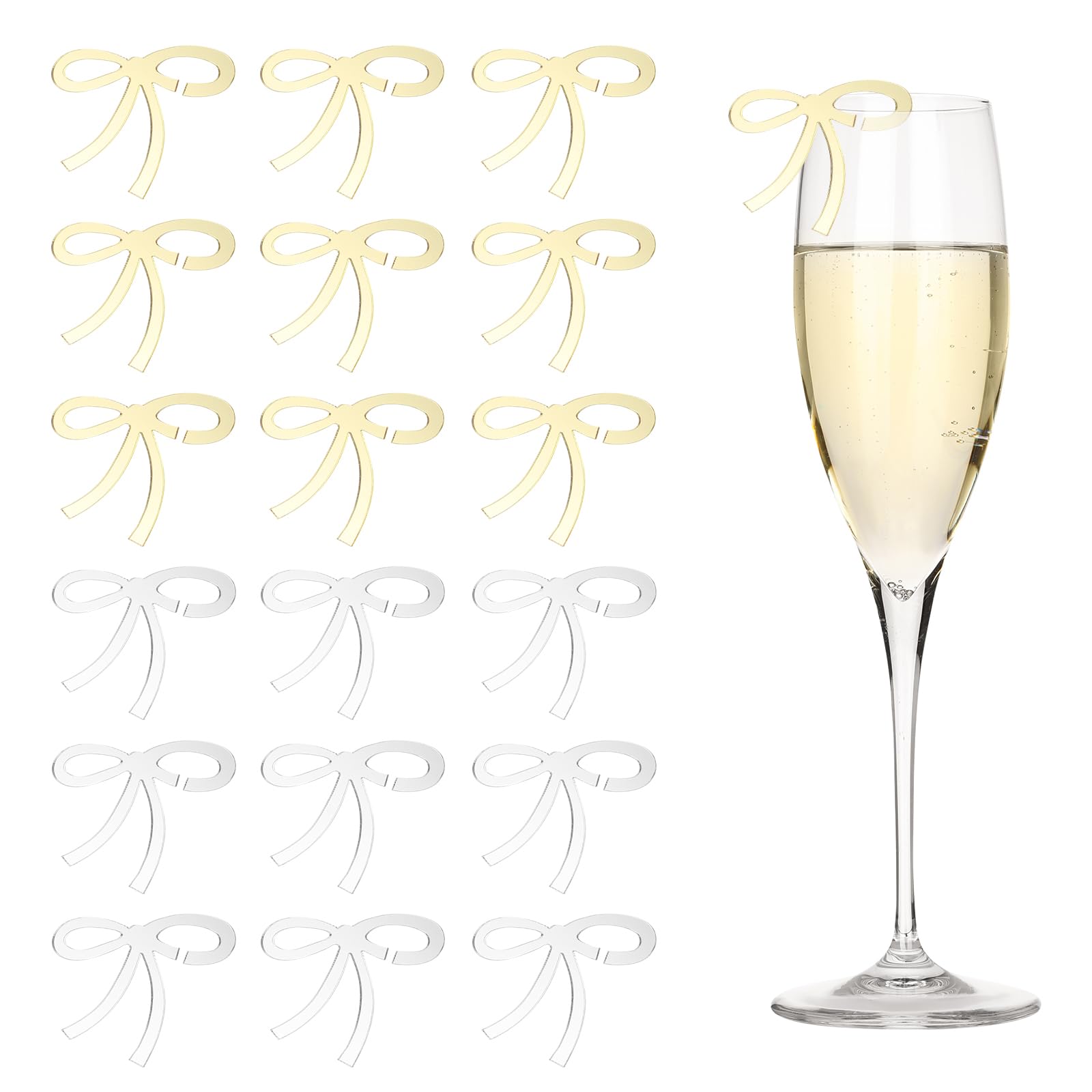 PATIKIL 50 Pcs Bows Drink Tags, Acrylic Wine Glass Charms Reusable Drink Markers for Party Wedding Birthday and Events Accessories, Mirror Gold, Mirror Silver