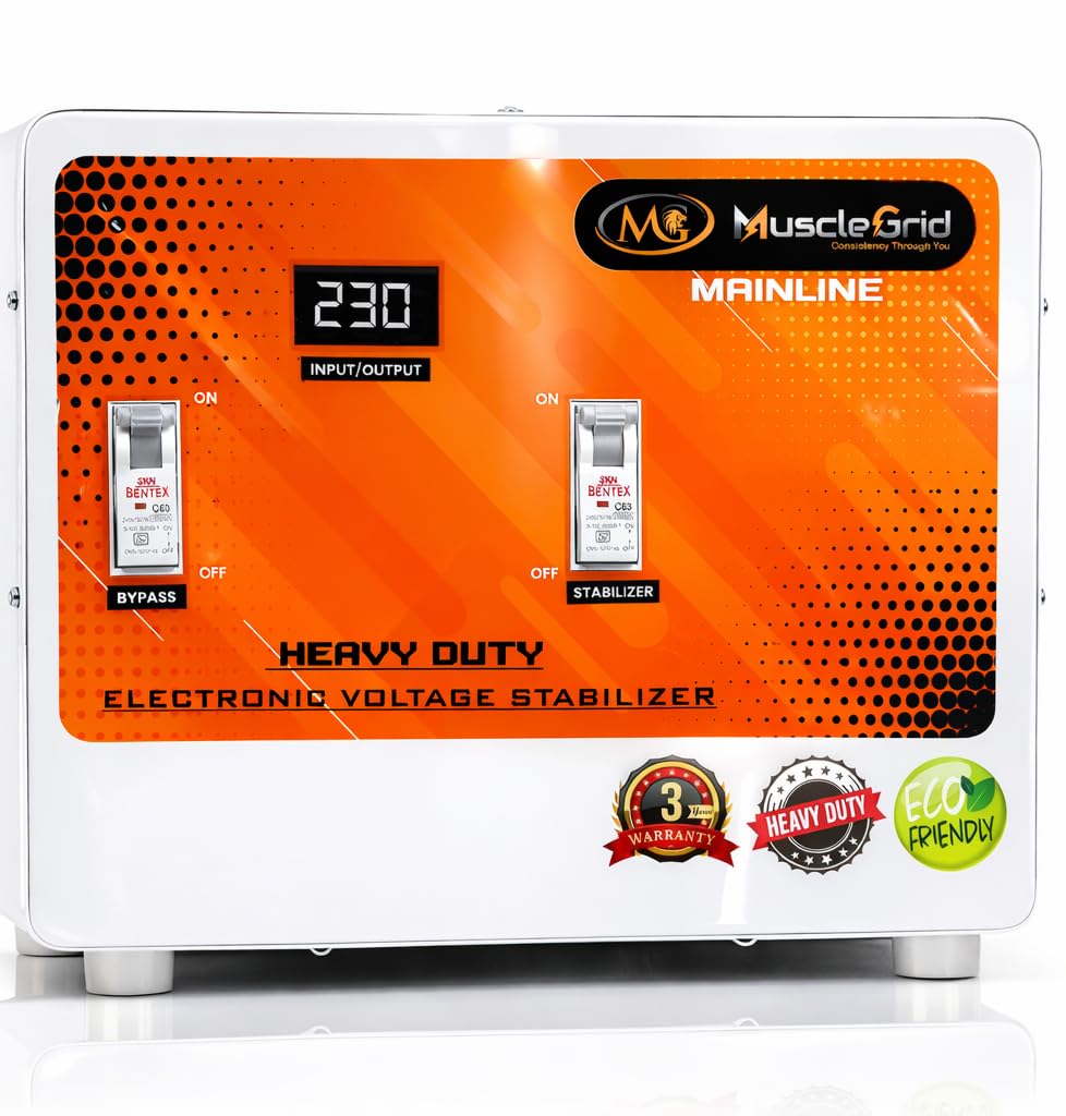 MuscleGrid 100% COPPER WOUND 10KVA (90v to 300v) Heavy Duty 9000w Output 230v Electricity Bill Reducer Mainline Voltage Stabilizer for Home (Orange)