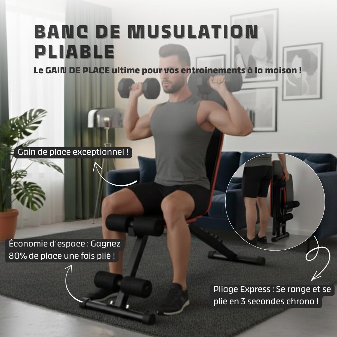 Banc de Musculation Pliable - Réglages Multiples 8 Positions - Développé Couché Inclinable Déclinable - Appareil Maison Compact - Chaise avec Dossier Confort – Support 300 kg