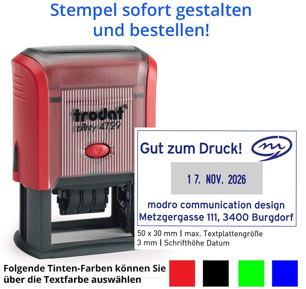 Stempel Trodat Printy 4729 Datumstempel mit Text (50x30 mm), für 4 Zeilen und Datum ACHTUNG Deutsche Wochentage, in verschiedenen Farben, gleich Online gestalten!!! (rot)