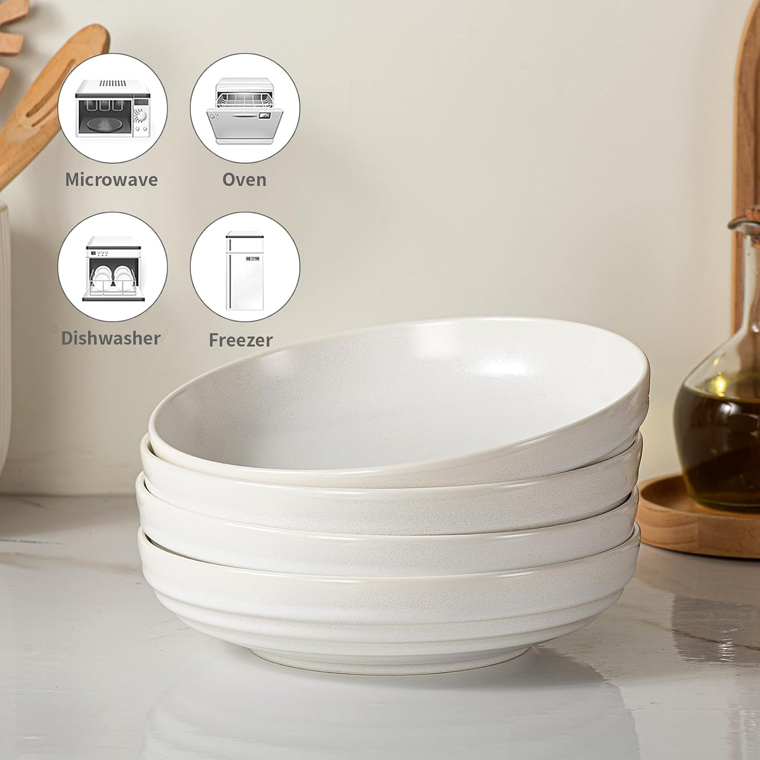 HAPPY KIT Stoneware 9'' 42oz Pasta Bowls Set 4, Frosted Granite White Glaze