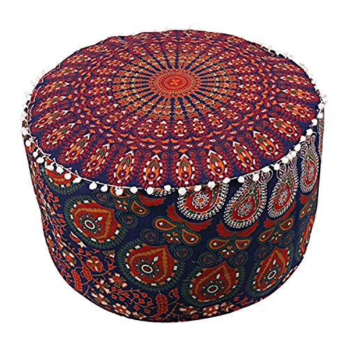 Rajasthaniartdecor Indian Mandala Pouf Ottoman Cotton Floor Pillow Hippie Boho Decorative Home Decor Footstool Cover Bohemian Multi Coloured Size 14 H. x 22 Dia. (Inches)