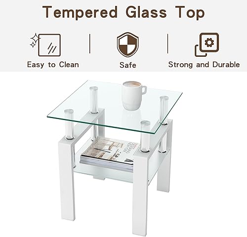 Miniatura 7 de Mesa auxiliar de cristal de 2 niveles, moderna mesa esquinera de cristal, mesa auxiliar para sala de estar con patas de metal para sala de estar,
