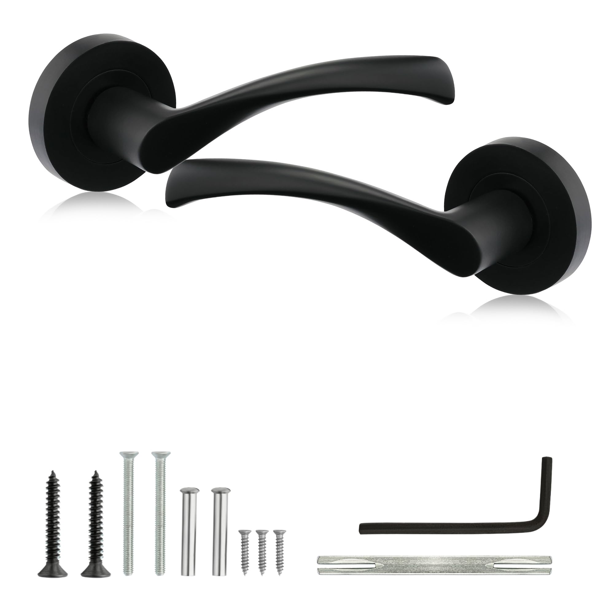 XFORT Warped Lever on Rose Door Handles Matt Black, Internal Door Handles for Wooden Doors, Modern Interior Door Handle Set (1 Pair)