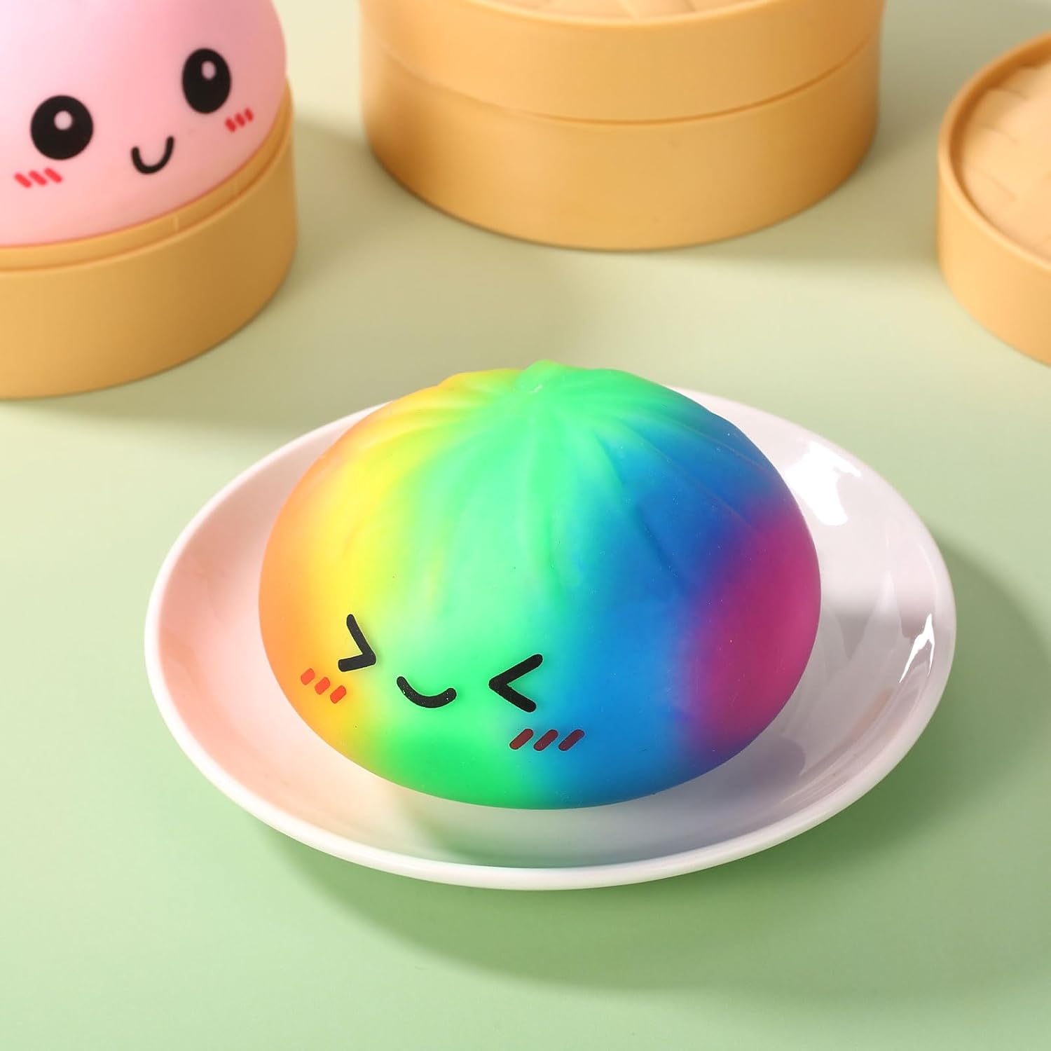 Giant Rainbow Glitter Dumpling Squishy with Steamer Box, Cute Smiling Face Soft Giant Dumpling Fidget Stress Food for Adults Birthday Holiday Present