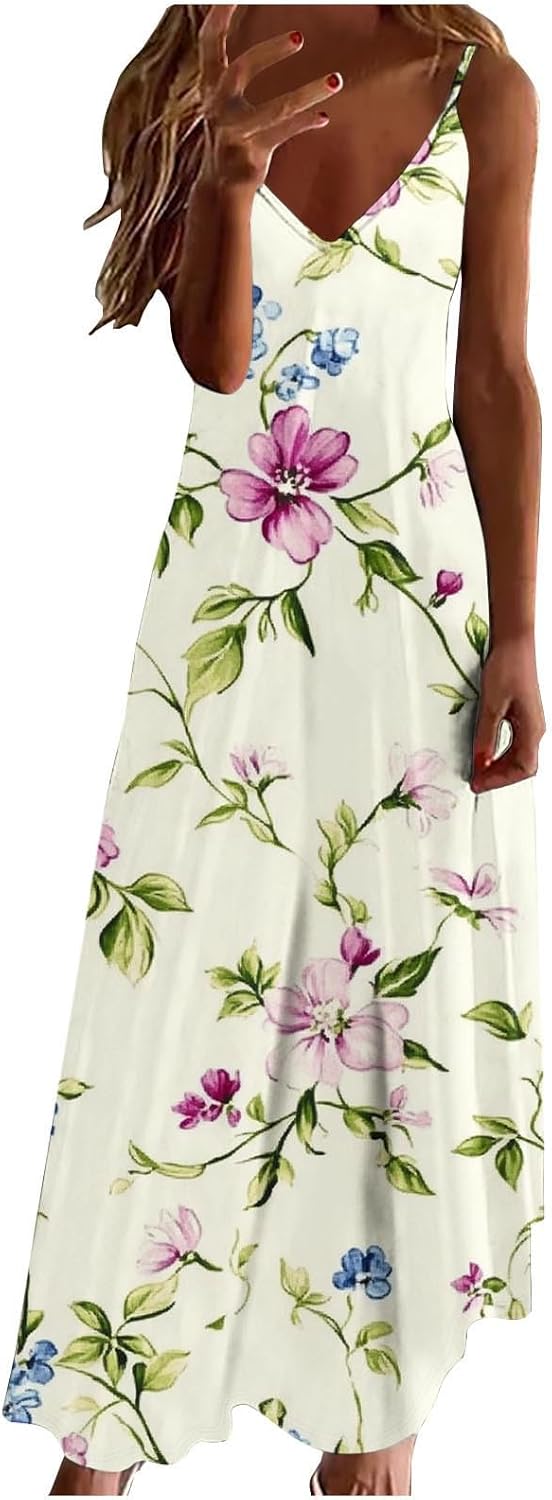 Women's Floral Print Casual Sundress Summer Maxi Sleeveless V Neck Dress Spaghetti Strap Boho Beach Travel Dresses