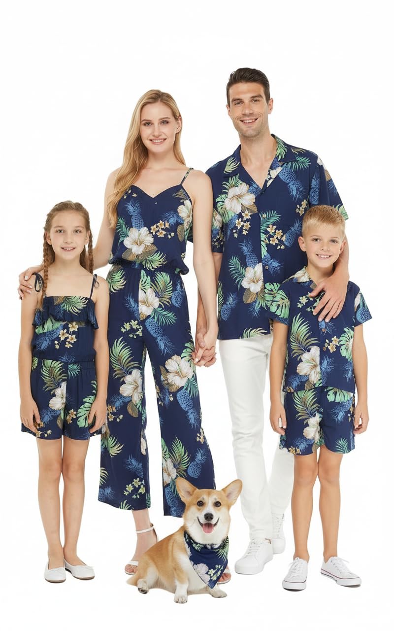 Matchable Family Hawaiian Luau Men Women Girl Boy Clothes in Pineapple Garden Navy