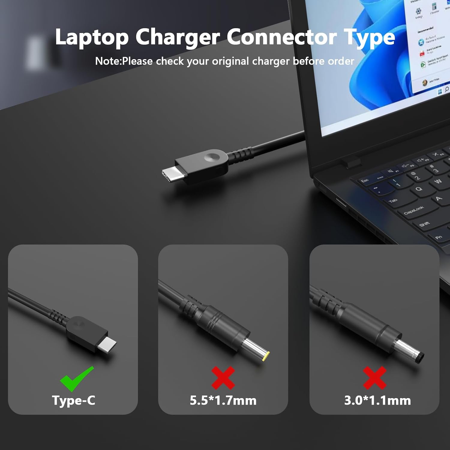 Ruilezyo New Slim 65W USB-C/Type C Laptop Charger AC Adapter Compatible with Lenovo X1 Carbon T480 T480s T490 T490s T14 T15 T16 T580 E585 E580 E590 E595 C330 Yoga 9i 7i 9 7 6 IdeaPad Slim/Pro 5X 5i 5 - Image 3