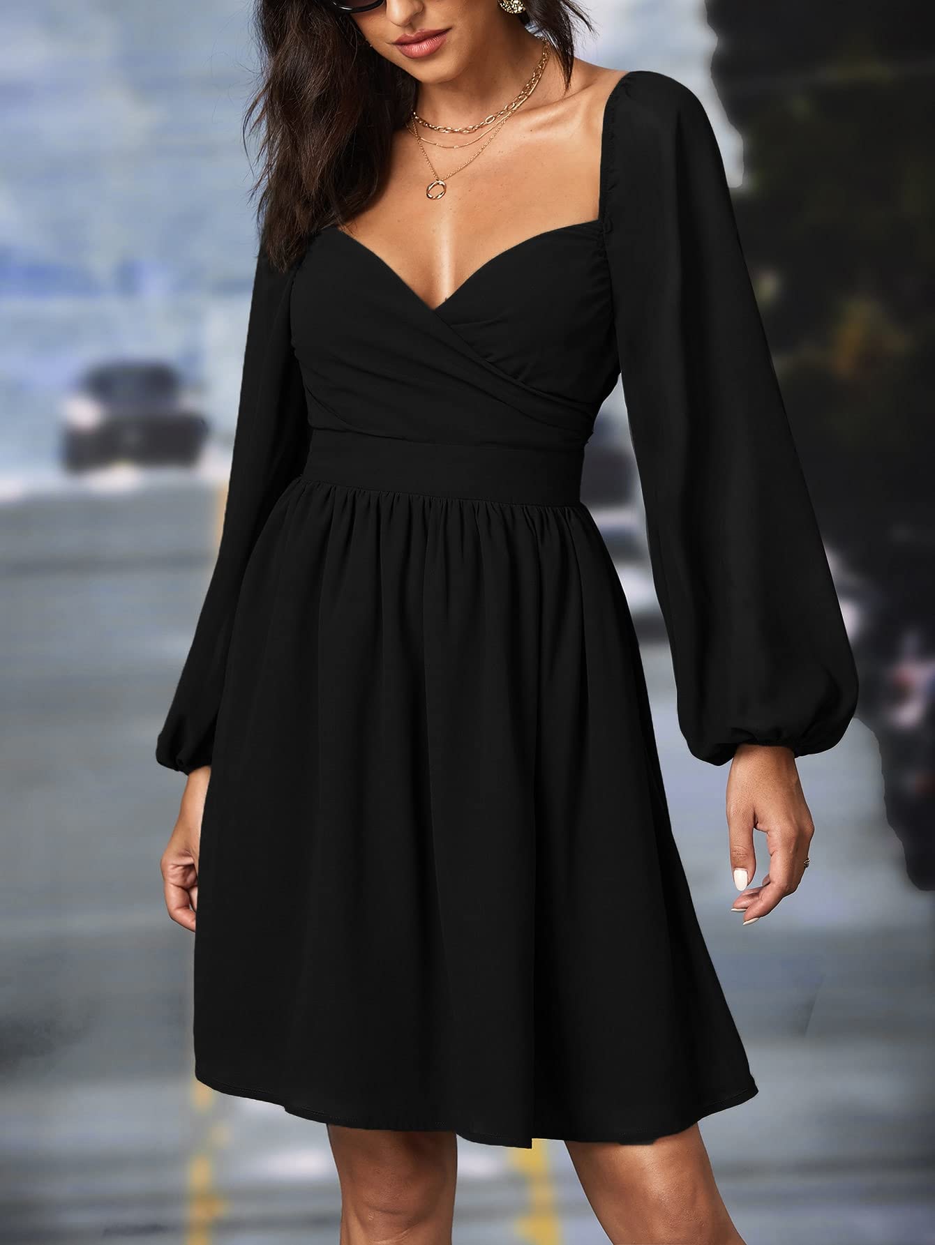 Amazon.com: Women's Dresses Sweetheart Neck Lantern Sleeve