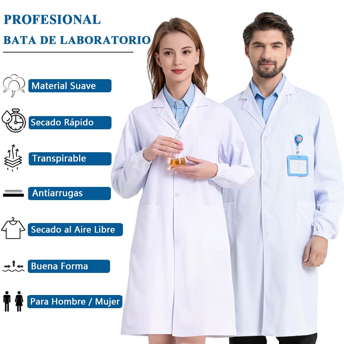 Bata Laboratorio Algodón Blanca Manga Larga Mujer Hombre Médico Enfermera Profesora