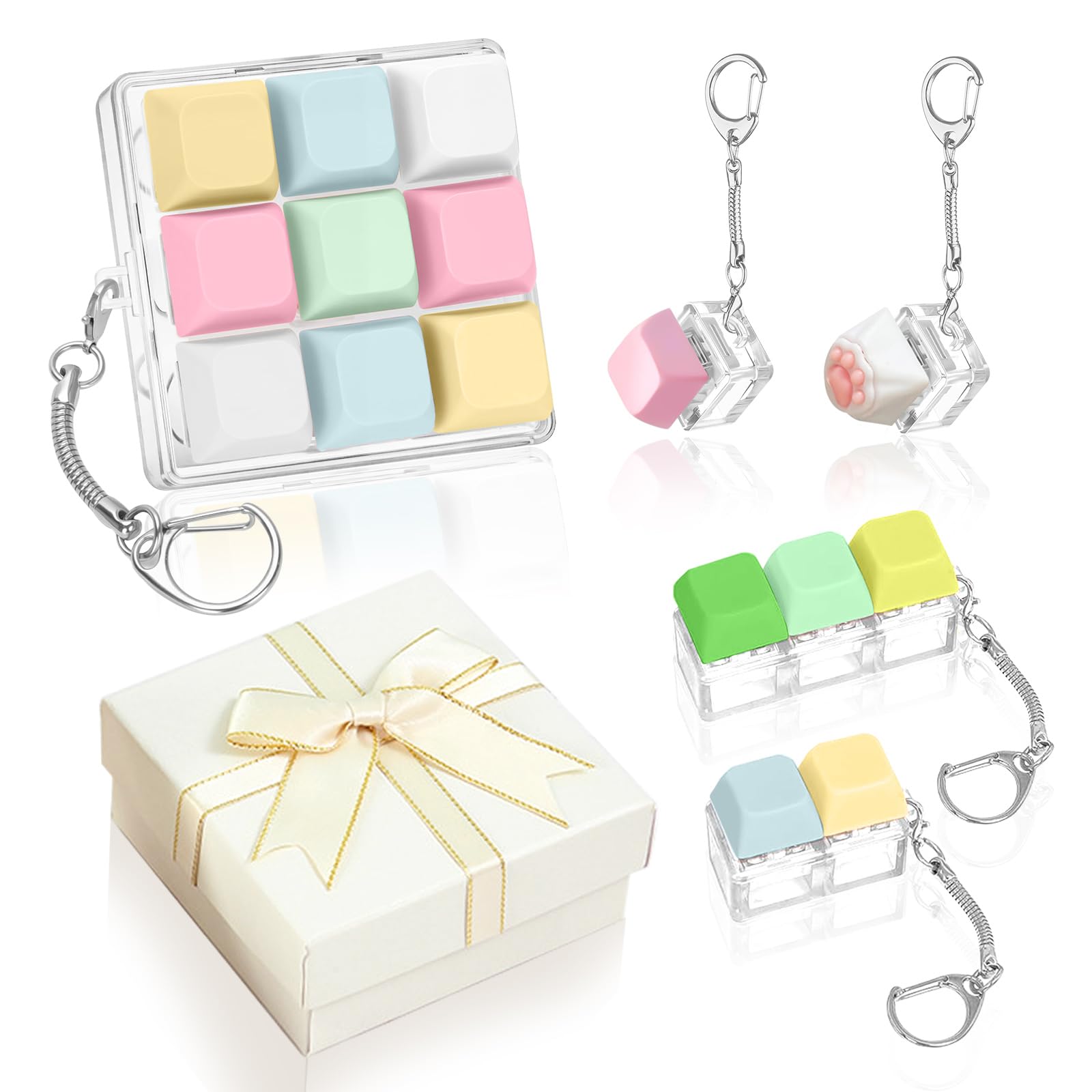 5 Pcs Keyboard Fidget Toy for Adults Kids, Funny Stress Relief Clicker Fidget Keychain with Gift Box, Portable Finger Decompression Keyring for Office School
