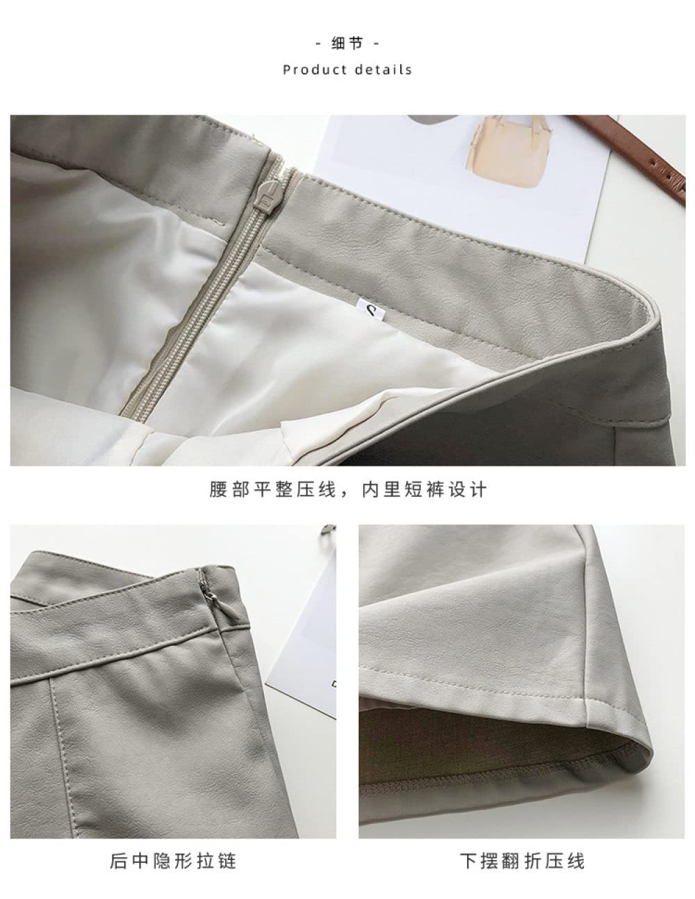 OZEO Röcke,Damen-Minirock Beige High WAIS Matte Pu-Lederrock Hüften Mit Reißverschlüssen Umwickelt Knöpfe A-Linie Mode Kurzer Rock Für Mädchen Damen Frühling,M