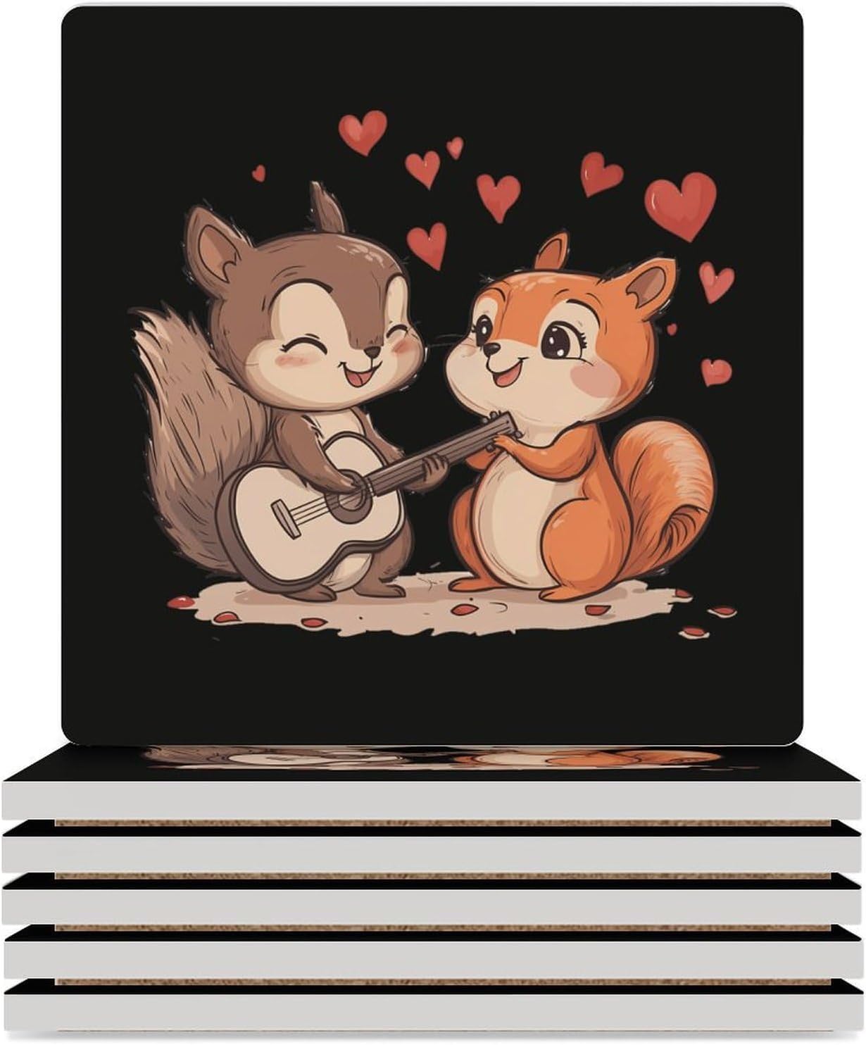 Squirrel Playing Guitar Coasters for Drinks Square Ceramic Coasters Cup Mats with Cork Base
