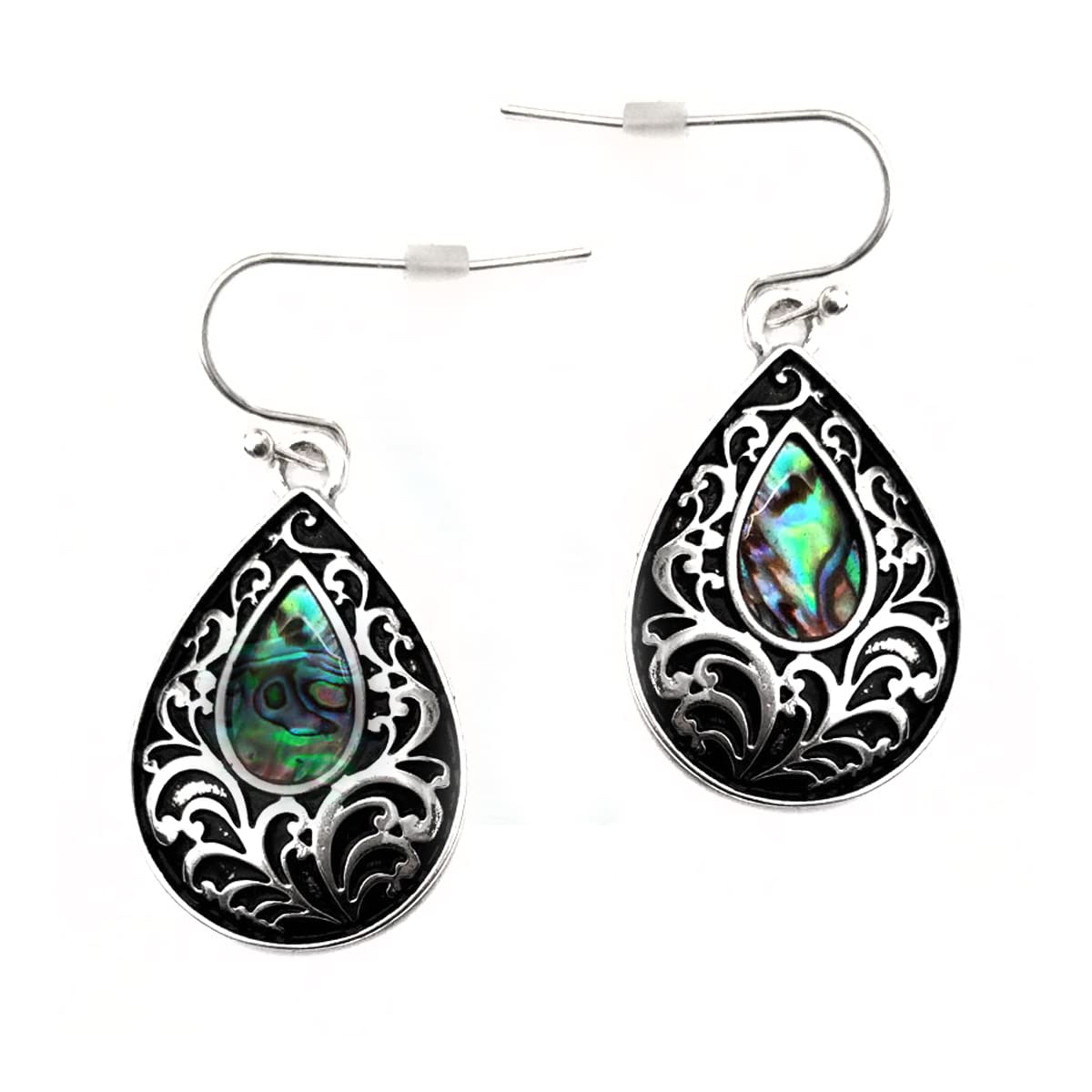 Lovely Antiqued Silver Teardrop Drop Earrings with Black Filigree and Abalone Inlay